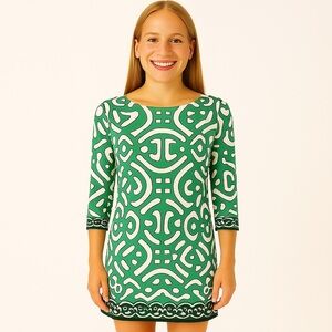 laundry by design three quarter 3/4 long sleeve dress mini geometric green short